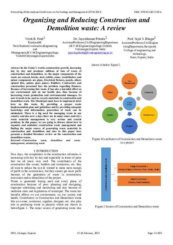 (PDF) ORGANIZING AND REDUCING CONSTRUCTION AND DEMOLITION WASTE: A REVIEW