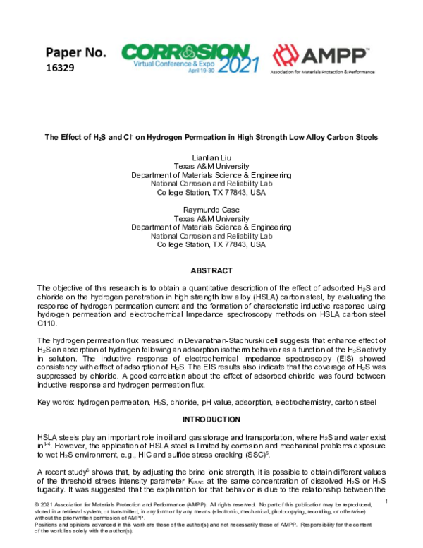 (PDF) The Effect of H2S and Cl- on Hydrogen Permeation in High Strength ...