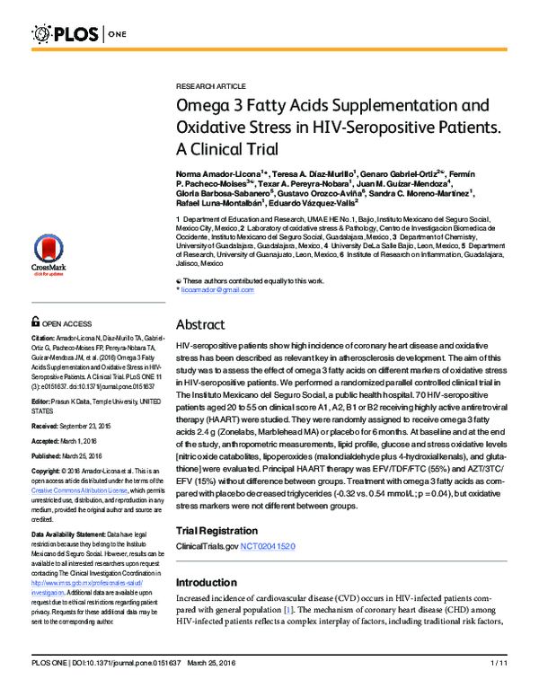 (PDF) Omega 3 Fatty Acids Supplementation and Oxidative Stress in HIV ...