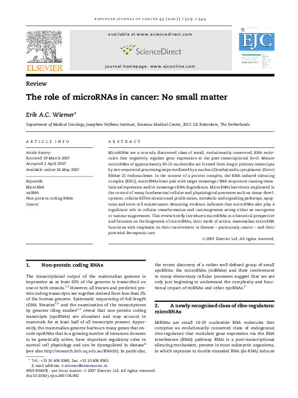 (PDF) The role of microRNAs in cancer: No small matter