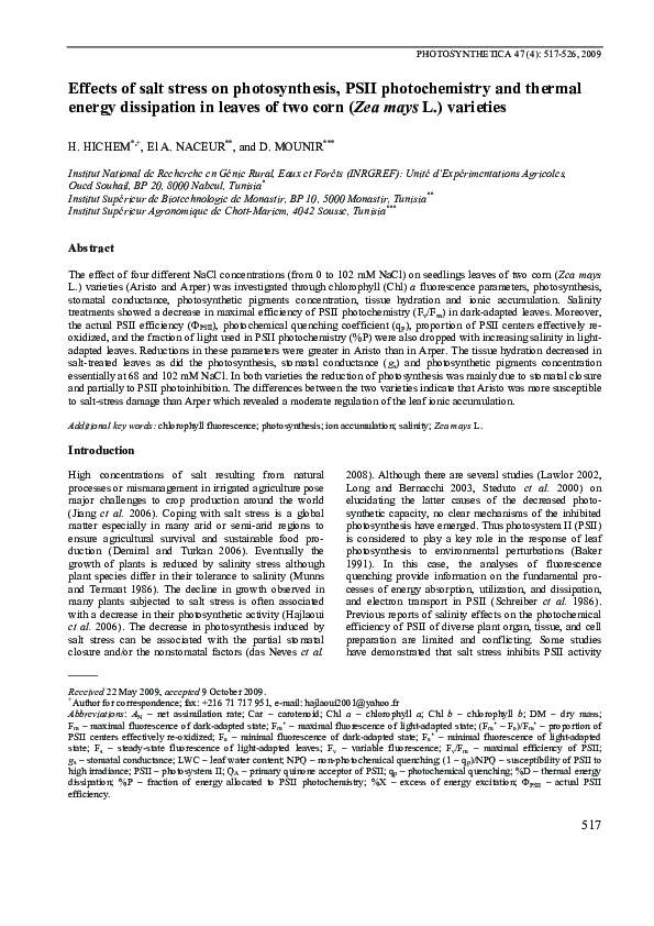 (PDF) Effects of salt stress on photosynthesis, PSII photochemistry and ...
