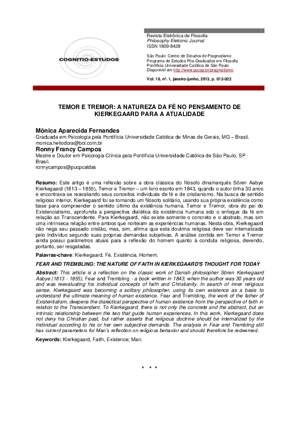 (PDF) Temor e Tremor A natureza da fé no pensamento de Kierkegaard