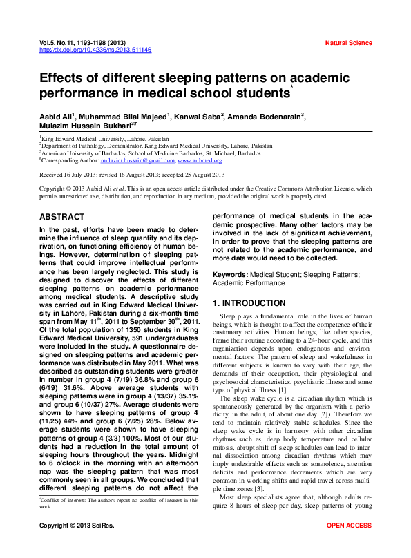 (PDF) Effects of different sleeping patterns on academic performance in ...