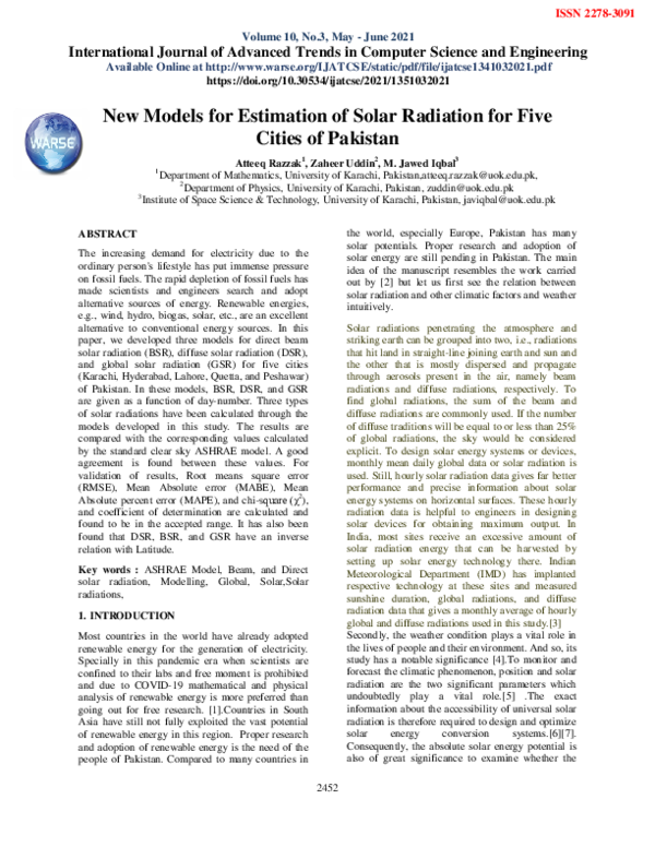 (PDF) New Models for Estimation of Solar Radiation for Five Cities of ...
