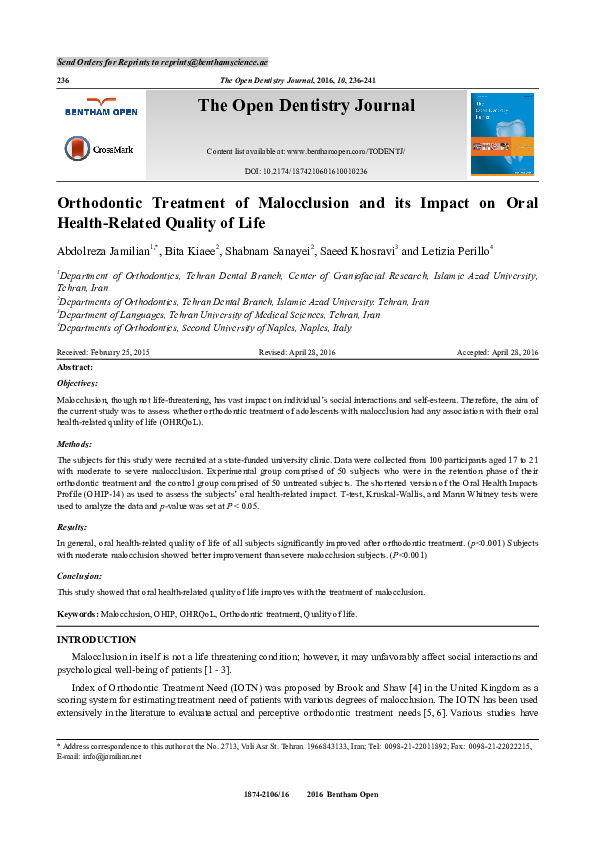 (PDF) Orthodontic Treatment of Malocclusion and its Impact on Oral ...