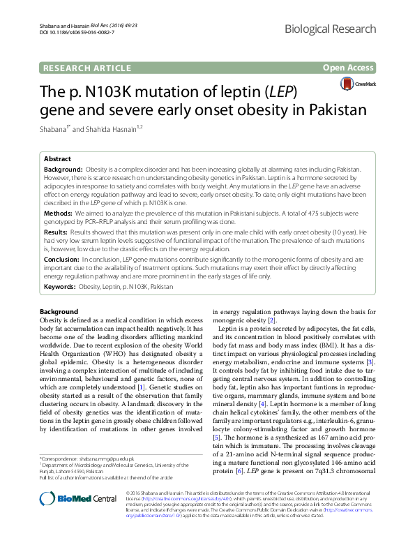 (PDF) The p. N103K mutation of leptin (LEP) gene and severe early onset ...