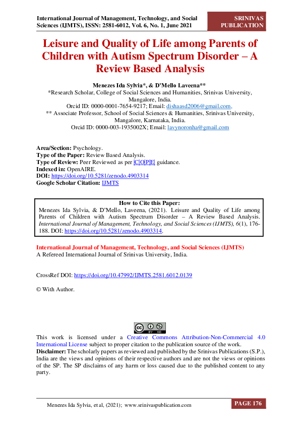 (PDF) Leisure and Quality of Life among Parents of Children with Autism ...