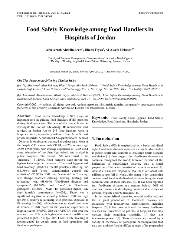 (PDF) Food Safety Knowledge among Food Handlers in Hospitals of Jordan