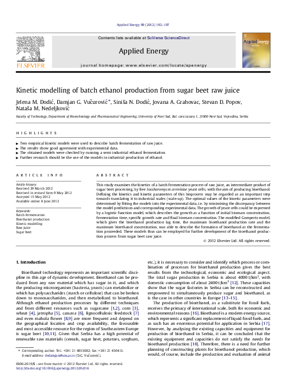 (PDF) Kinetic modelling of batch ethanol production from sugar beet raw ...