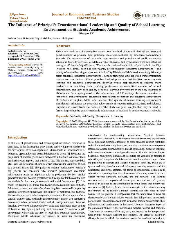 (PDF) The Influence of Principal's Transformational Leadership and ...