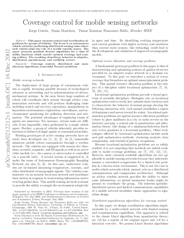 (PDF) Coverage control for mobile sensing networks