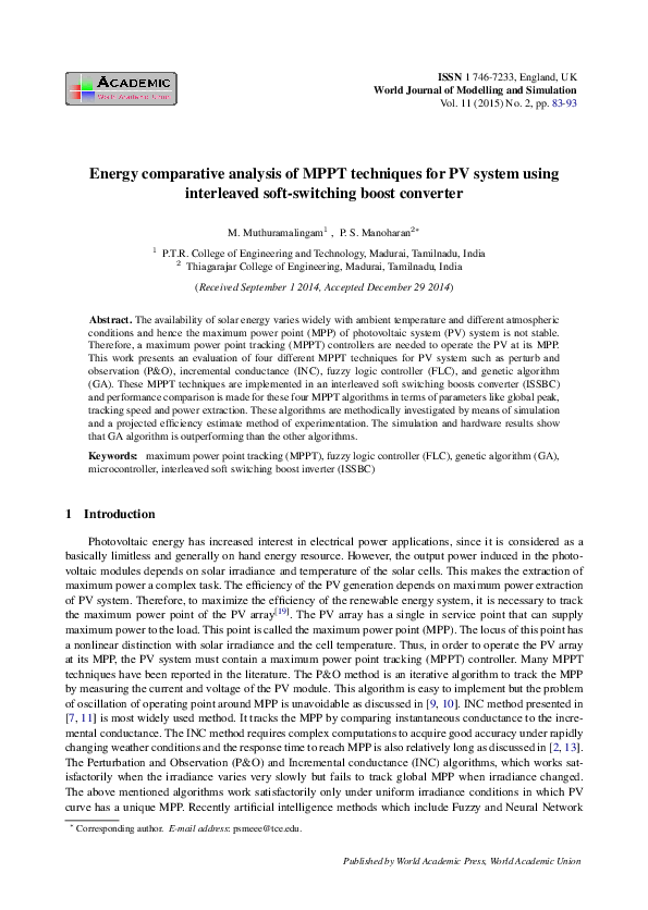 (PDF) Energy comparative analysis of MPPT techniques for PV system ...