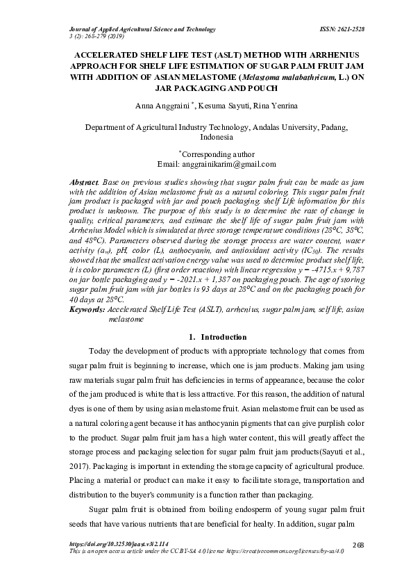 (PDF) Accelerated Shelf Life Test (Aslt) Method with Arrhenius Approach