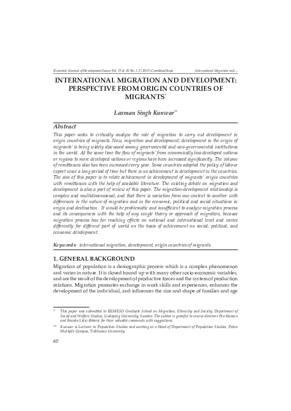 (PDF) International migration and development: perspective from origin ...
