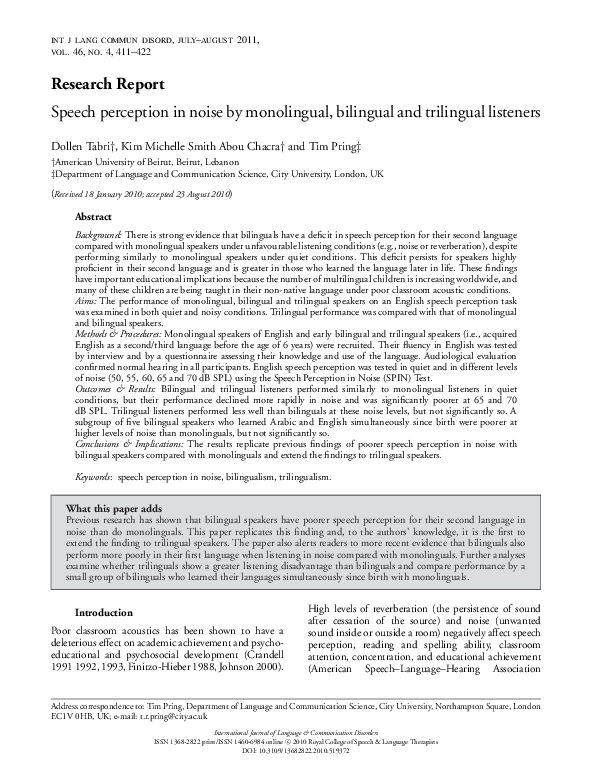 (PDF) Speech perception in noise by monolingual, bilingual and ...