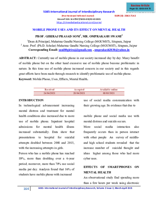 (PDF) MOBILE PHONE USES AND ITS EFFECT ON MENTAL HEALTH