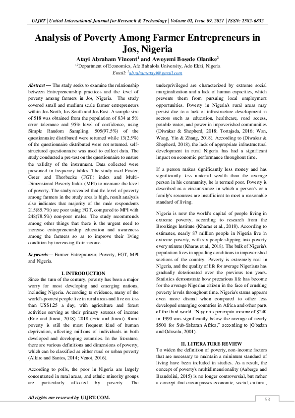 (PDF) Analysis of Poverty Among Farmer Entrepreneurs in Jos, Nigeria
