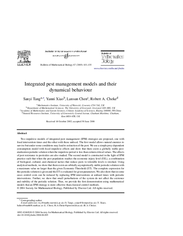 (PDF) Integrated pest management models and their dynamical behaviour