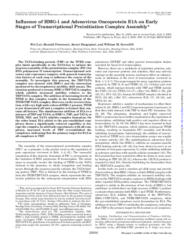 (PDF) Influence of HMG-1 and Adenovirus Oncoprotein E1A on Early Stages ...