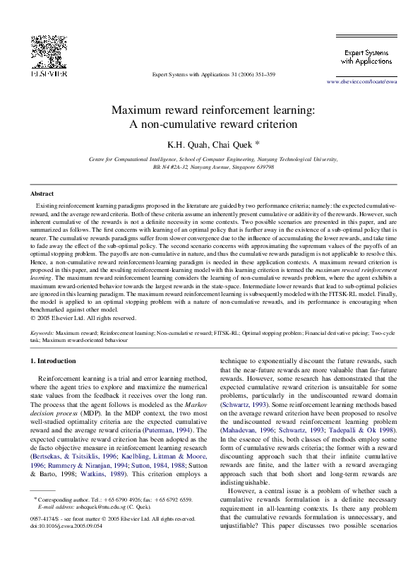 (PDF) Maximum reward reinforcement learning: A non-cumulative reward ...