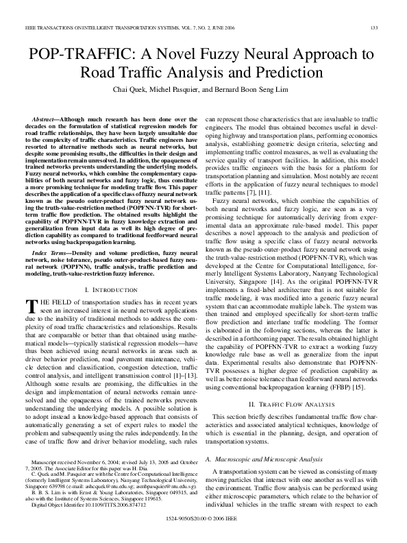Pdf Pop Traffic A Novel Fuzzy Neural Approach To Road Traffic Analysis And Prediction Chai Quek Academia Edu