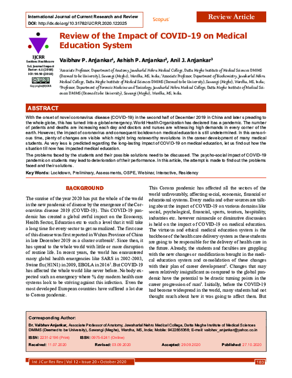 (PDF) Review of the Impact of COVID-19 on Medical Education System