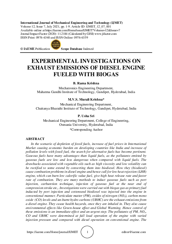 (PDF) EXPERIMENTAL INVESTIGATIONS ON EXHAUST EMISSIONS OF DIESEL ENGINE ...