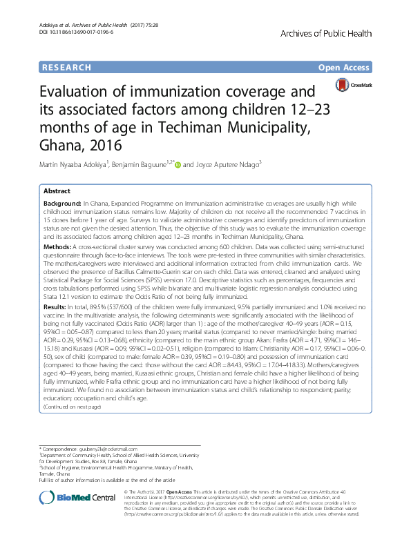 (PDF) Evaluation of immunization coverage and its associated factors ...