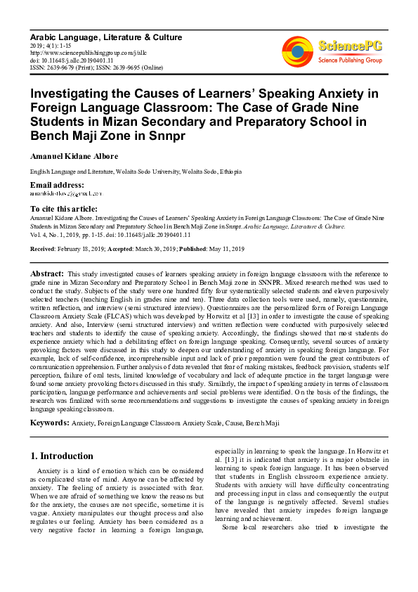 (PDF) Investigating the Causes of Learners' Speaking Anxiety in Foreign ...