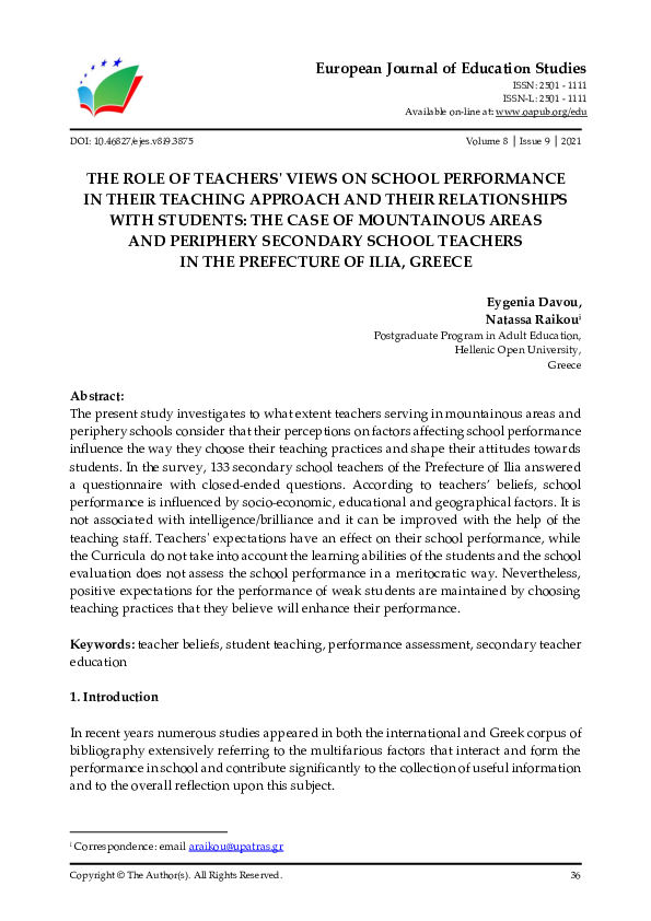 (PDF) The role of teachers' views on school performance in their ...