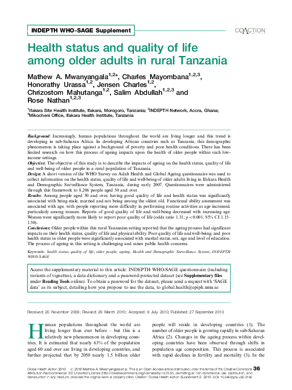 (PDF) Health status and quality of life among older adults in rural ...