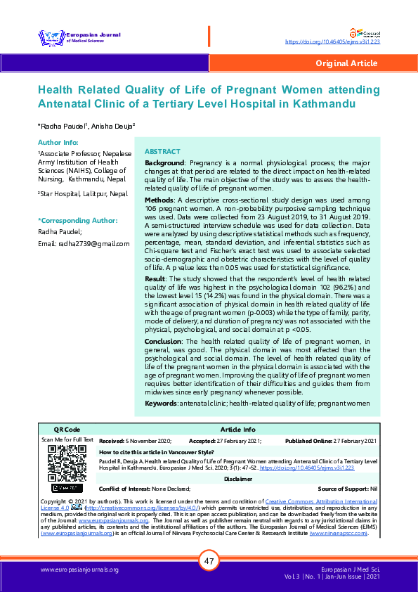 (PDF) Health Related Quality of Life of Pregnant Women attending ...