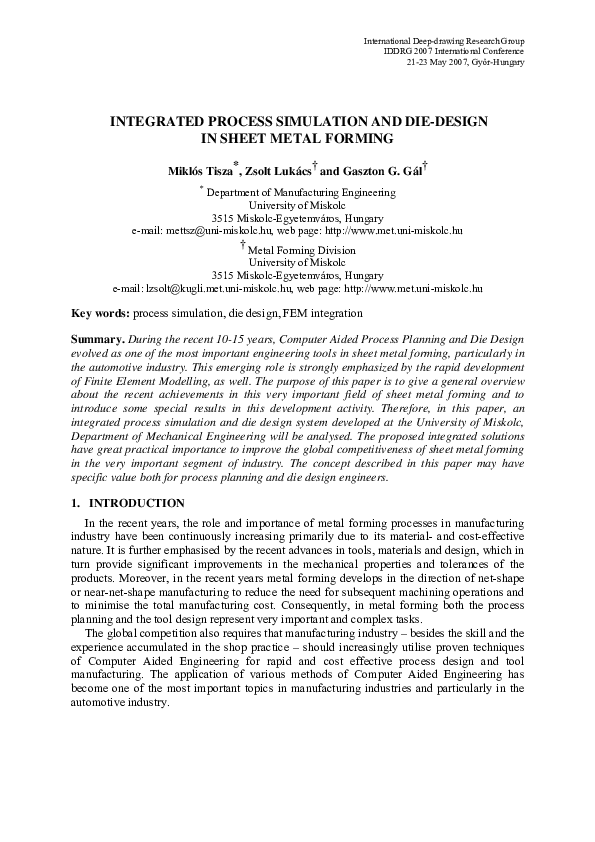 (PDF) Integrated Process Simulation and Die-Design in Sheet Metal Forming