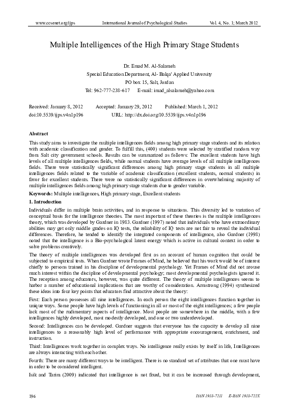 (PDF) Multiple Intelligences of the High Primary Stage Students