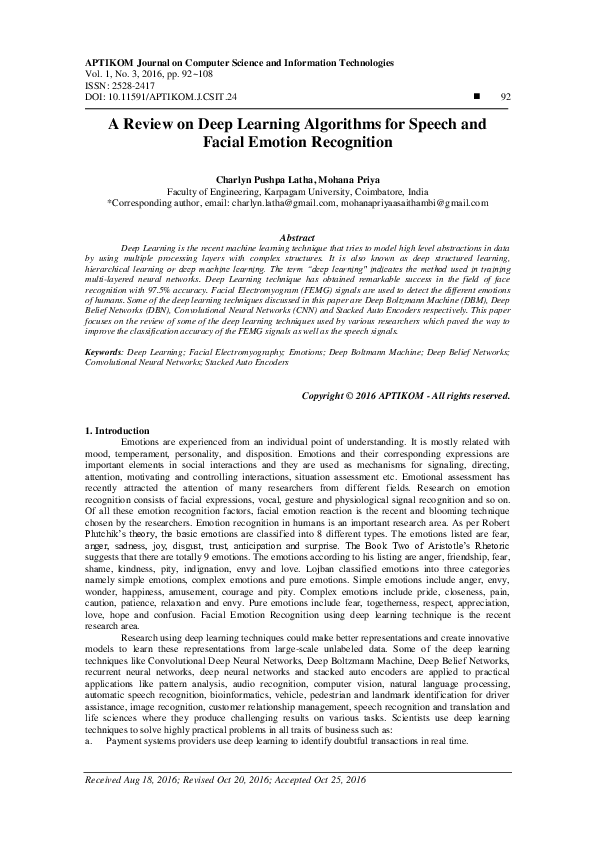 (PDF) A Review on Deep Learning Algorithms for Speech and Facial ...