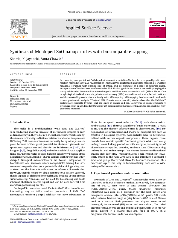 (PDF) Synthesis of Mn doped ZnO nanoparticles with biocompatible capping