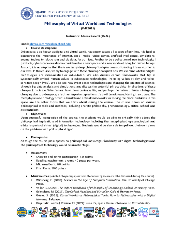 (PDF) Course Syllabus, Philosophy of Virtual Worlds and Technologies ...