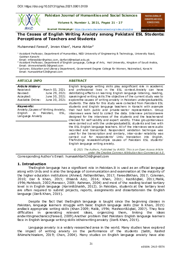 (PDF) The Causes of English Writing Anxiety among Pakistani ESL ...