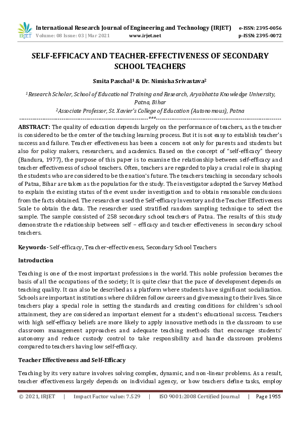 (PDF) SELF-EFFICACY AND TEACHER-EFFECTIVENESS OF SECONDARY SCHOOL TEACHERS
