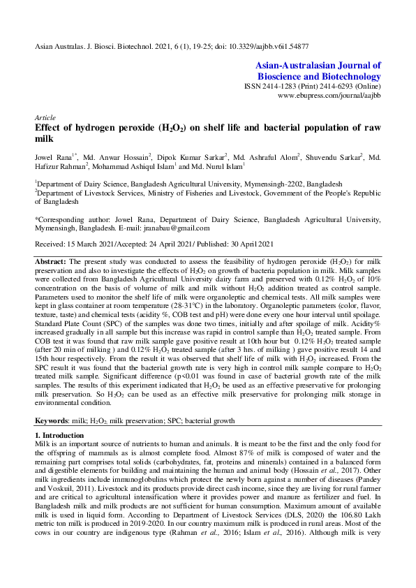 (PDF) Effect of hydrogen peroxide (H2O2) on shelf life and bacterial ...