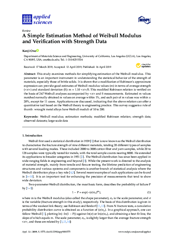 (PDF) A Simple Estimation Method of Weibull Modulus and Verification ...
