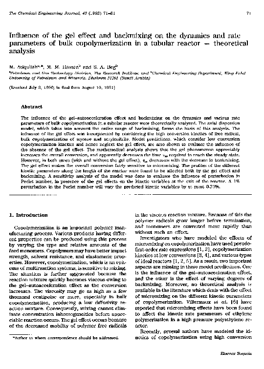 (PDF) Influence of the gel effect and backmixing on the dynamics and ...