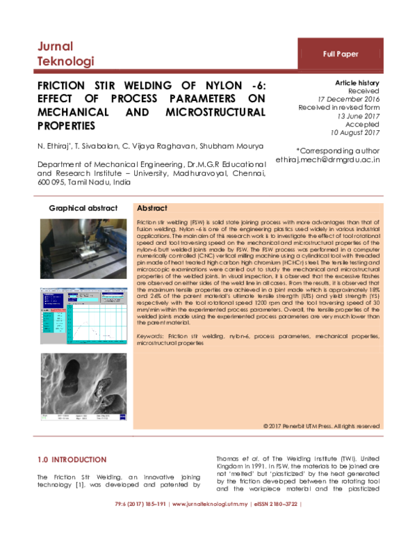 (PDF) Friction Stir Welding of Nylon -6: Effect of Process Parameters ...