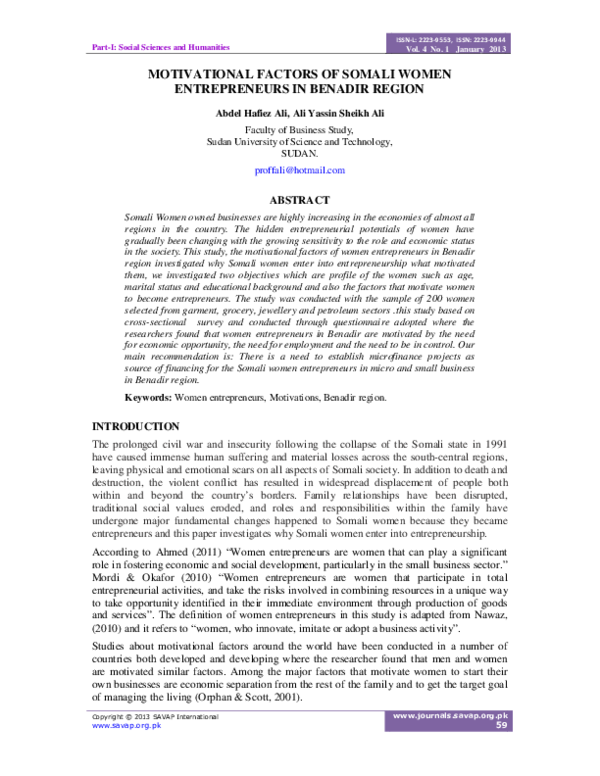 (PDF) Motivational Factors of Somali Women Entrepreneurs in Benadir Region