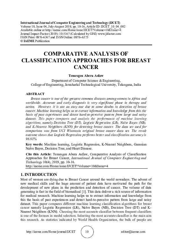 (PDF) COMPARATIVE ANALYSIS OF CLASSIFICATION APPROACHES FOR BREAST CANCER