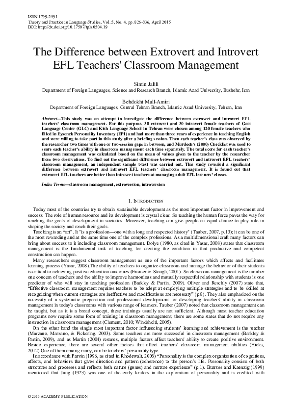 (PDF) The Difference between Extrovert and Introvert EFL Teachers ...