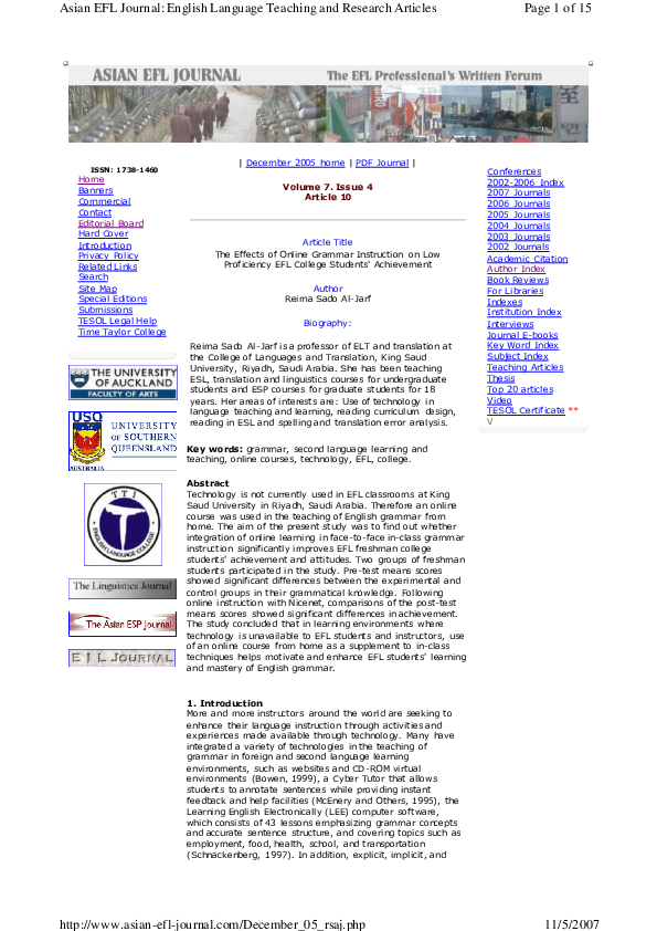 (PDF) The Effects of Online Grammar Instruction on Low Proficiency EFL ...