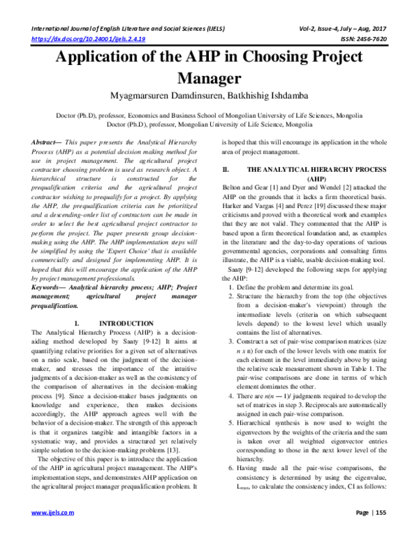 (PDF) Application of the AHP in Choosing Project Manager