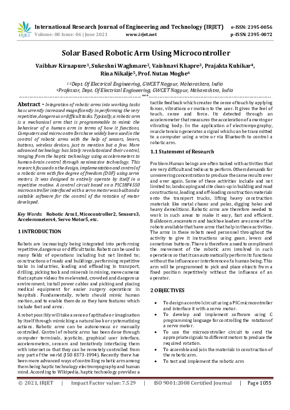 (PDF) IRJET- Solar Based Robotic Arm Using Microcontroller