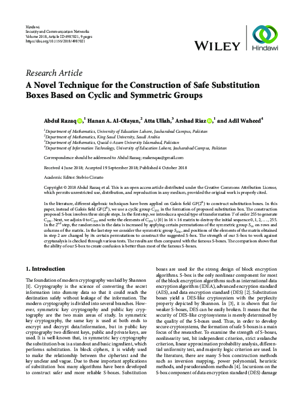 (PDF) A Novel Technique for the Construction of Safe Substitution Boxes ...